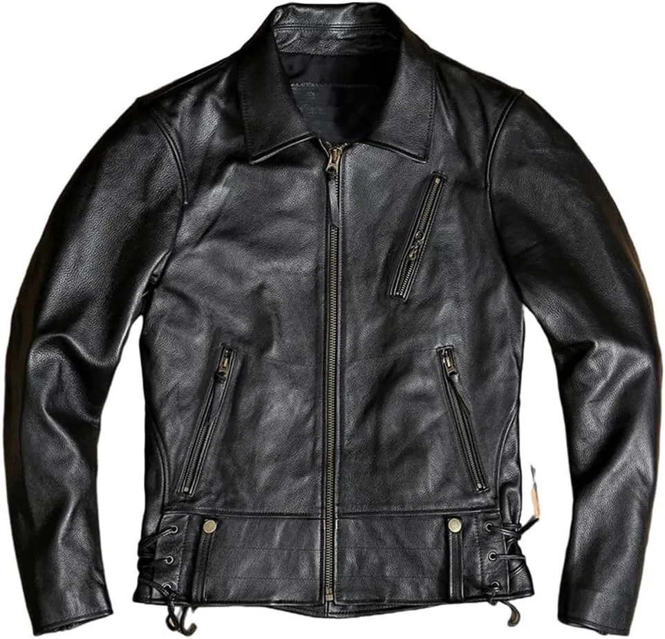 Youllyuu Men Vintage Distressed Leather Motorcycle Jackets 100% Natural Cowhide Leather Motorbiker Coat