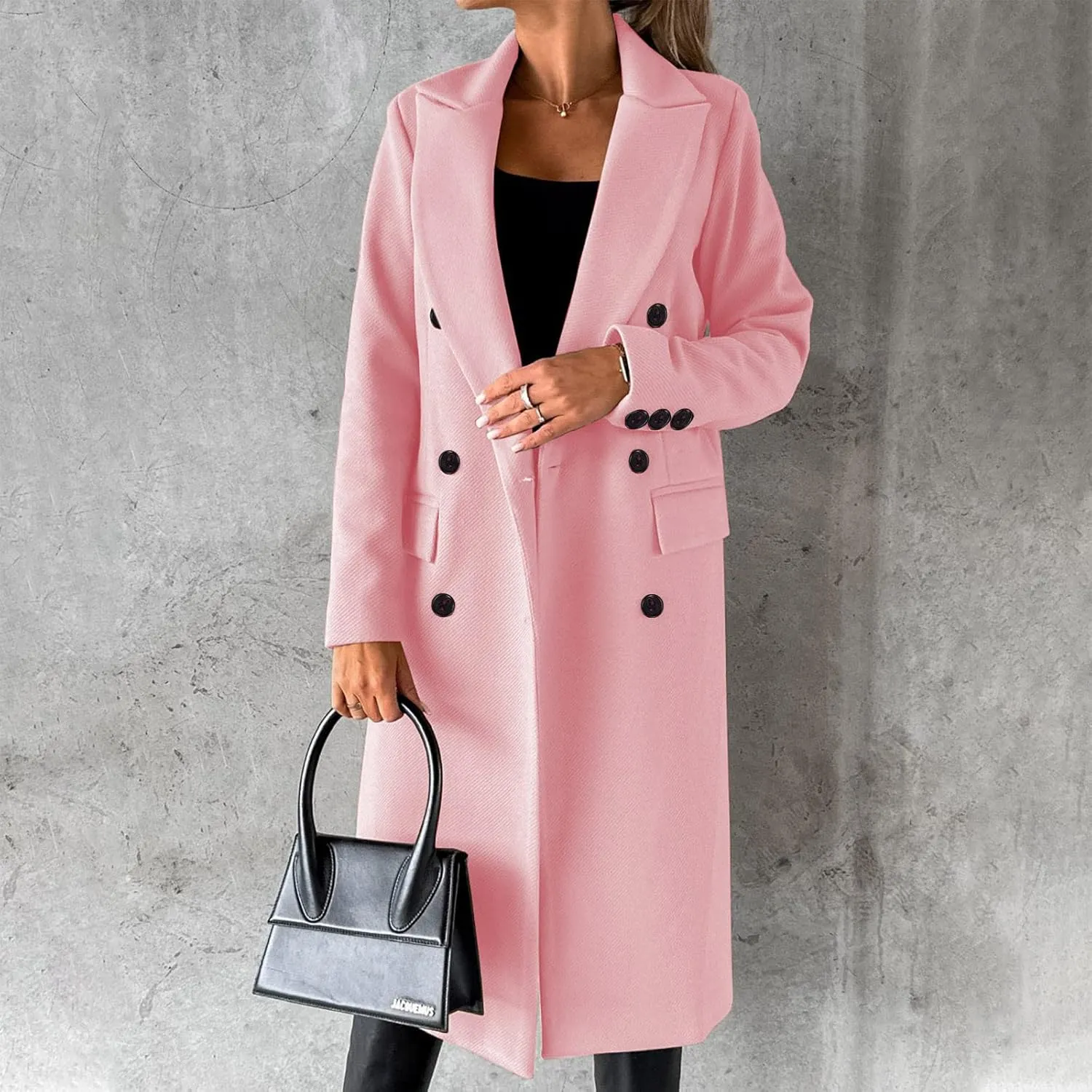YRAETENM Women Wool Blend Pea Coat Casual Notched Collar Double Breasted Mid-Long Trench Coat Winter Thick Overcoat Outwear