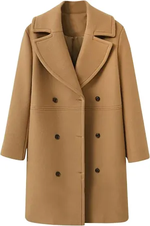 YRAETENM Women's Double Breasted Wool Blend Coat Winter Oversized Solid Long Pea Coat Warm Notch Lapel Outwear with Pockets