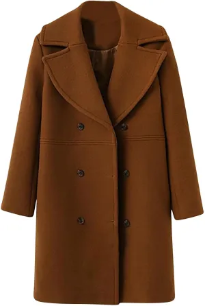 YRAETENM Women's Double Breasted Wool Blend Coat Winter Oversized Solid Long Pea Coat Warm Notch Lapel Outwear with Pockets