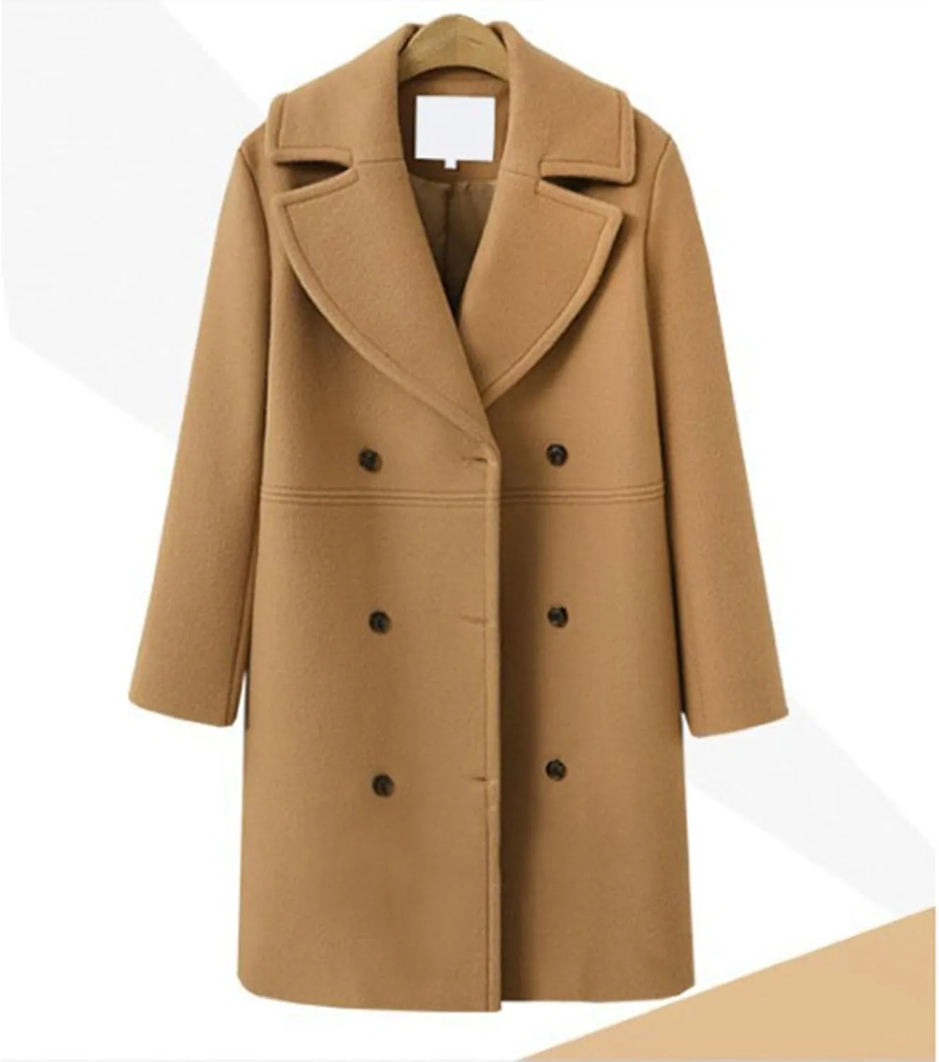 YRAETENM Women's Double Breasted Wool Blend Coat Winter Oversized Solid Long Pea Coat Warm Notch Lapel Outwear with Pockets