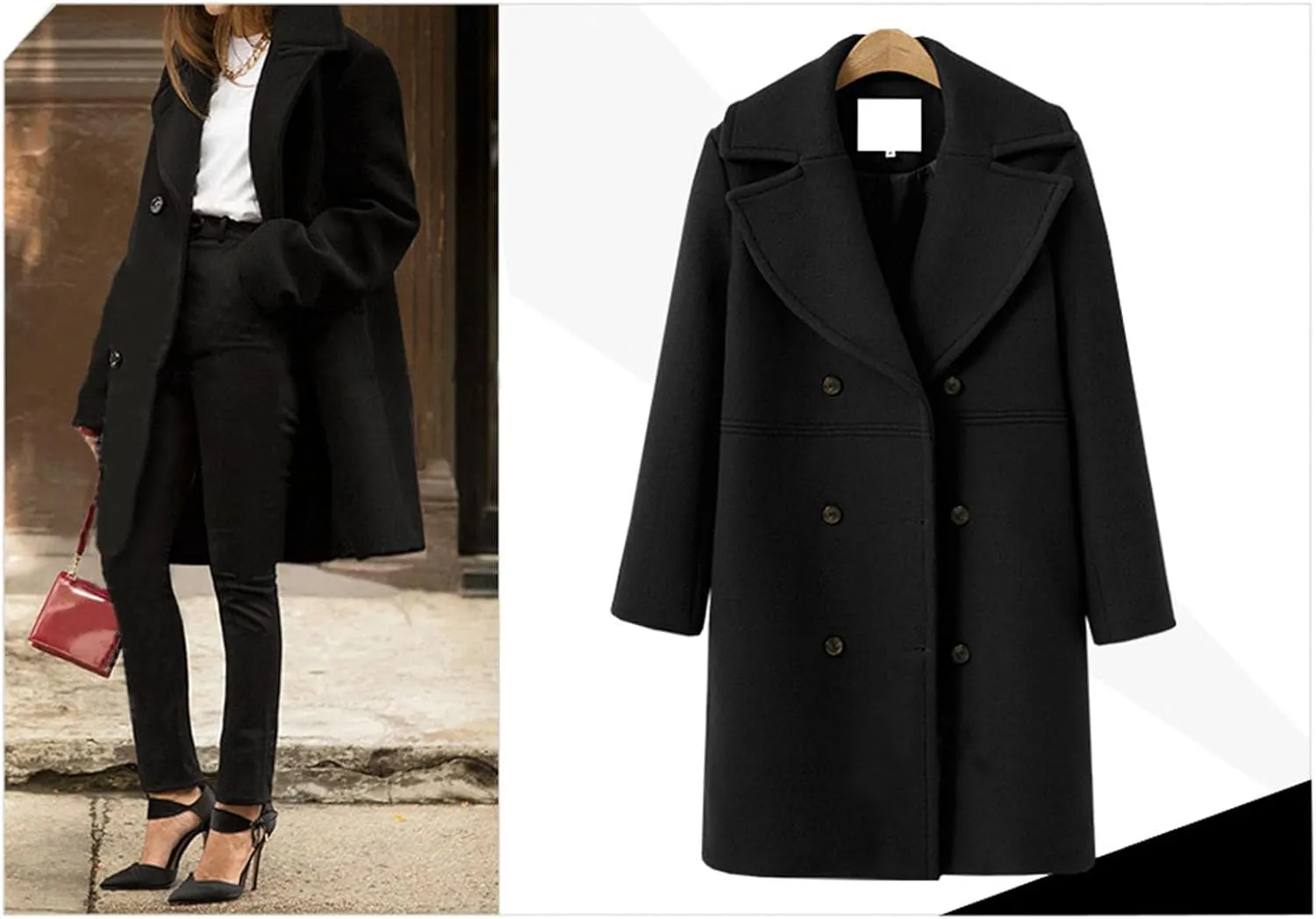 YRAETENM Women's Double Breasted Wool Blend Coat Winter Oversized Solid Long Pea Coat Warm Notch Lapel Outwear with Pockets