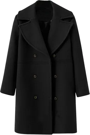 YRAETENM Women's Double Breasted Wool Blend Coat Winter Oversized Solid Long Pea Coat Warm Notch Lapel Outwear with Pockets
