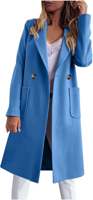 YRAETENM Womens Lapel Collar Pea Coat Winter Double Breasted Midi Long Warm Wool Blend Trench Coat Outerwear with Pockets
