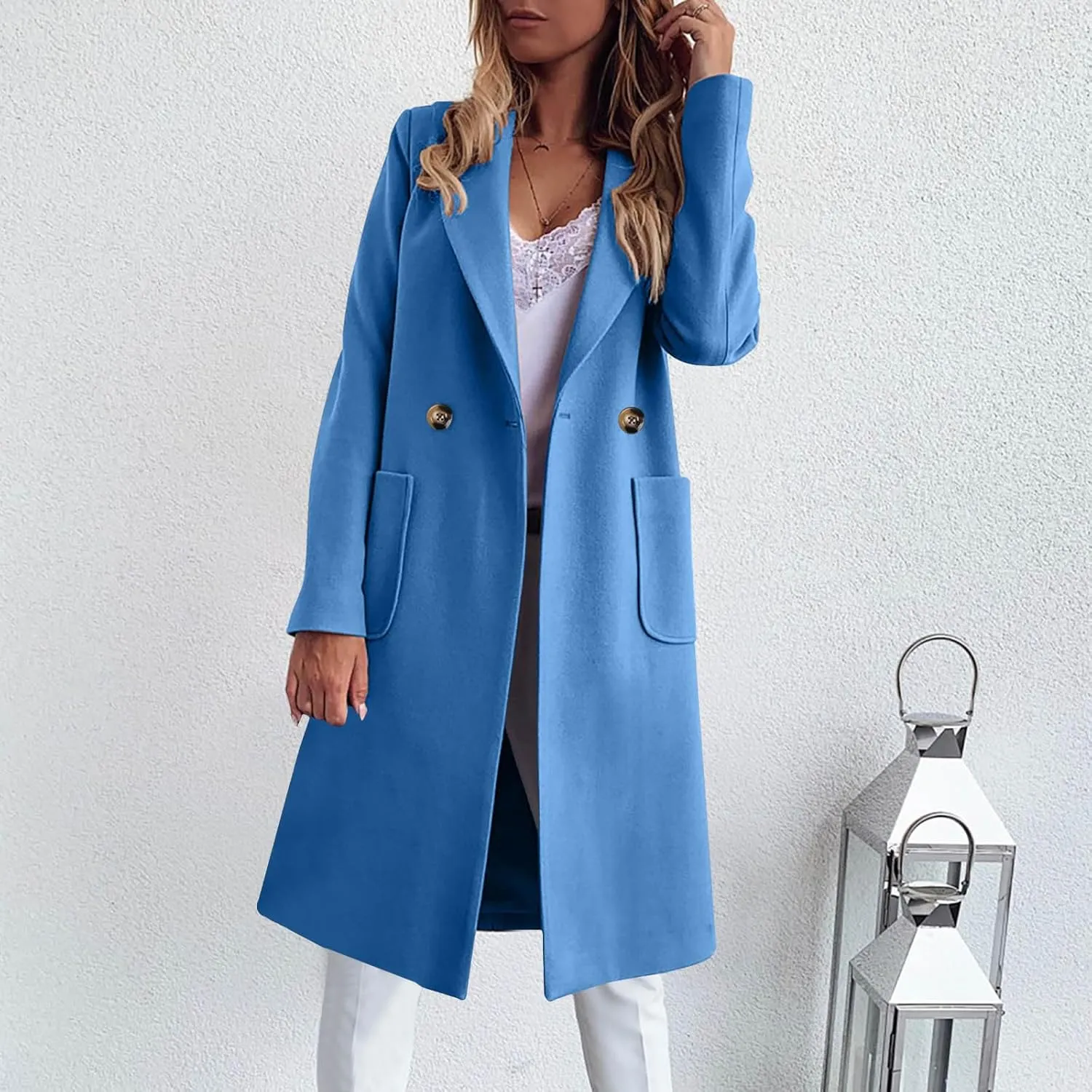 YRAETENM Womens Lapel Collar Pea Coat Winter Double Breasted Midi Long Warm Wool Blend Trench Coat Outerwear with Pockets