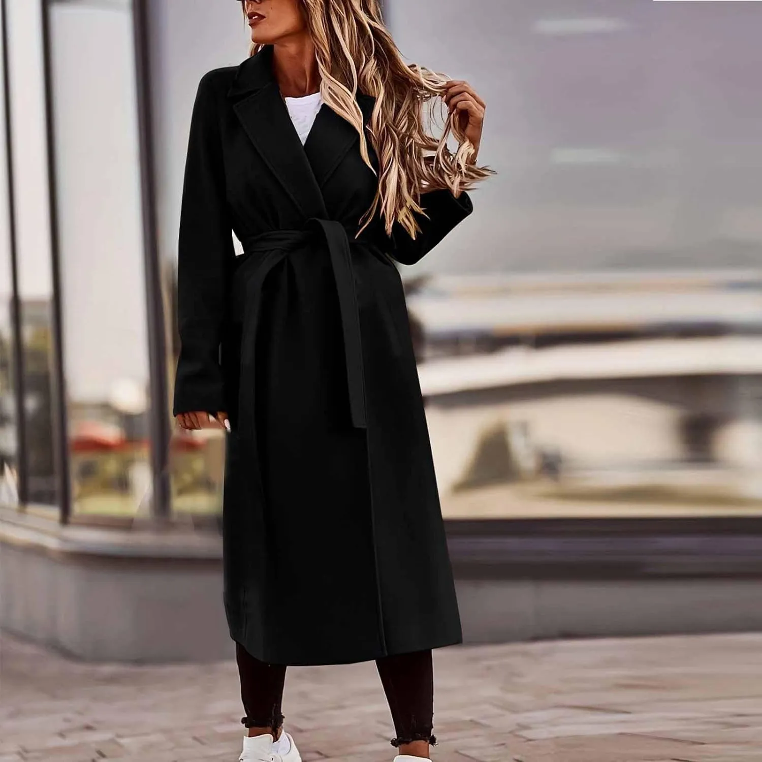 YRAETENM Women's Wool Blend Coat Elegant Notch Lapel Collar Pea Coats Fall Winter Warm Long Overcoat Outerwear with Belt