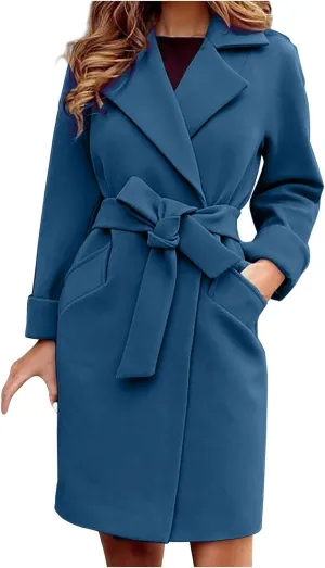 YRAETENM Women's Wool Blend Coat Elegant Notch Lapel Collar Pea Coats Fall Winter Warm Long Overcoat Outerwear with Belt