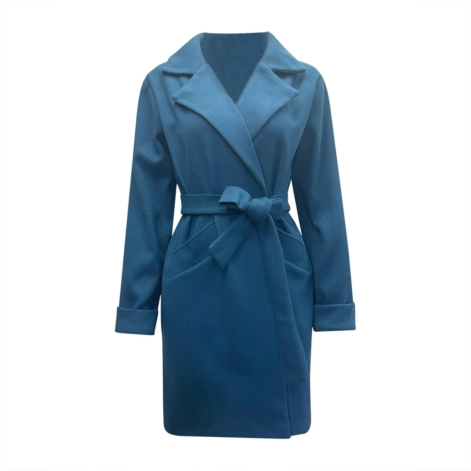 YRAETENM Women's Wool Blend Coat Elegant Notch Lapel Collar Pea Coats Fall Winter Warm Long Overcoat Outerwear with Belt