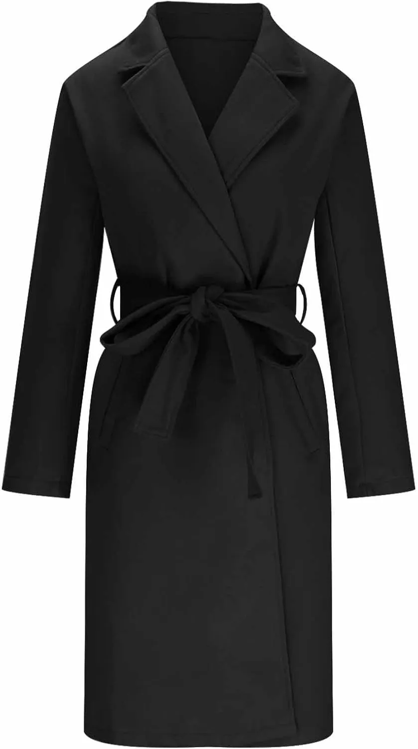YRAETENM Women's Wool Blend Coat Elegant Notch Lapel Collar Pea Coats Fall Winter Warm Long Overcoat Outerwear with Belt