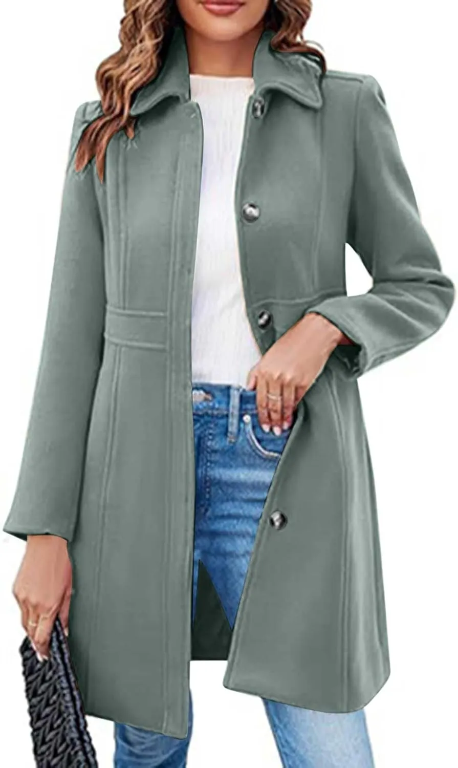 YRAETENM Women's Wool Trench Coat Single Breasted Lapel Collar Pea Coats Winter Thick Long Overcoat Outerwear with Pockets