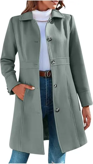 YRAETENM Women's Wool Trench Coat Single Breasted Lapel Collar Pea Coats Winter Thick Long Overcoat Outerwear with Pockets