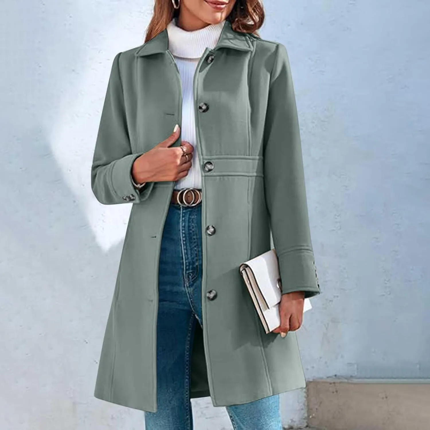 YRAETENM Women's Wool Trench Coat Single Breasted Lapel Collar Pea Coats Winter Thick Long Overcoat Outerwear with Pockets