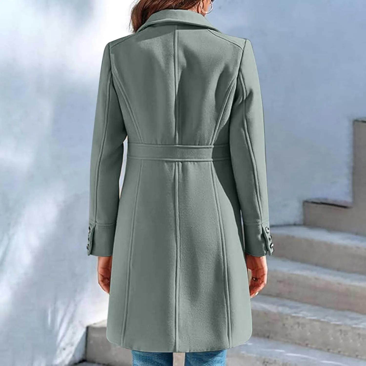 YRAETENM Women's Wool Trench Coat Single Breasted Lapel Collar Pea Coats Winter Thick Long Overcoat Outerwear with Pockets