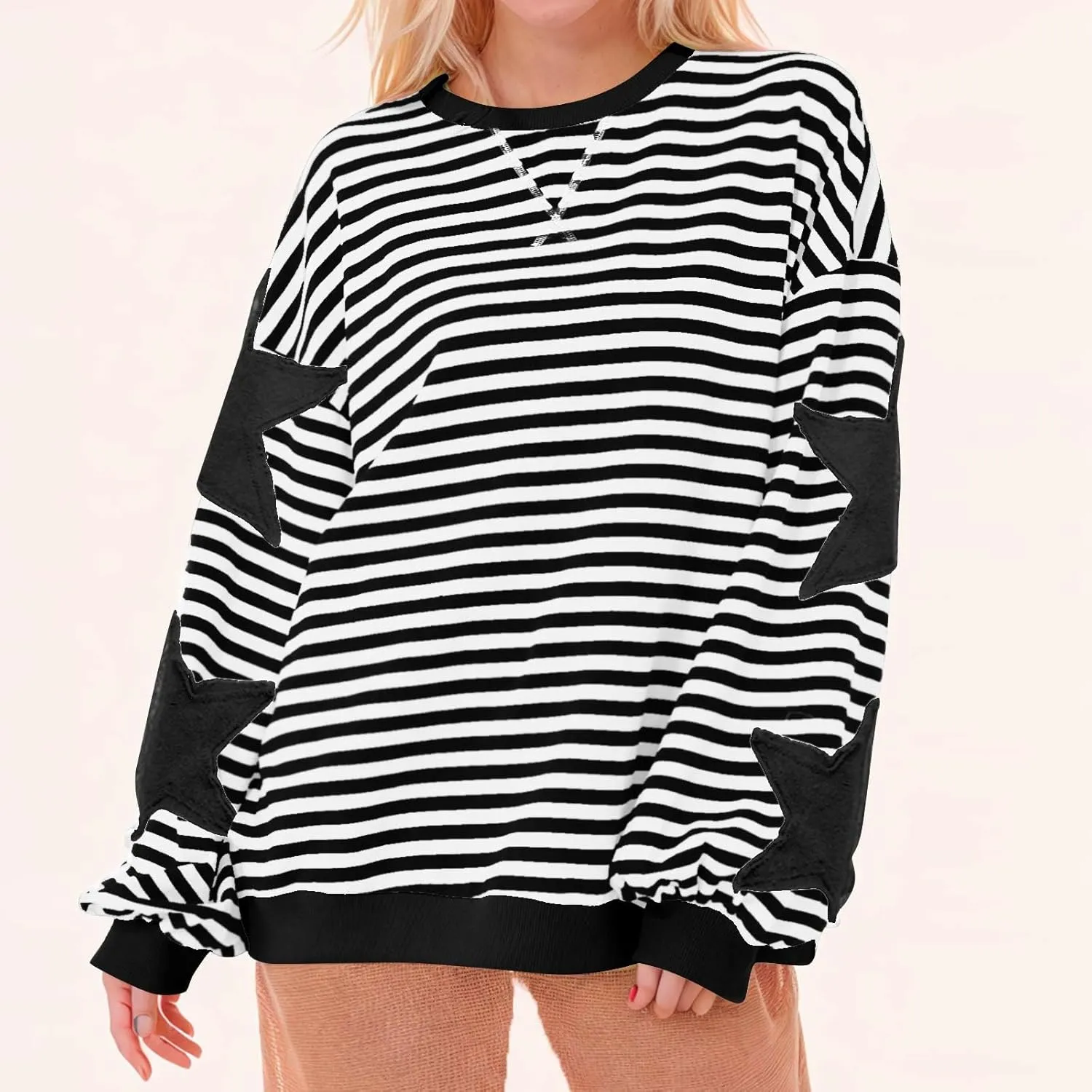 ZDRZK Striped Oversized Sweatshirt Women Long Sleeve Star Graphic Tee Shirts Crewneck 2024 Fall Loose Pullover Clothes