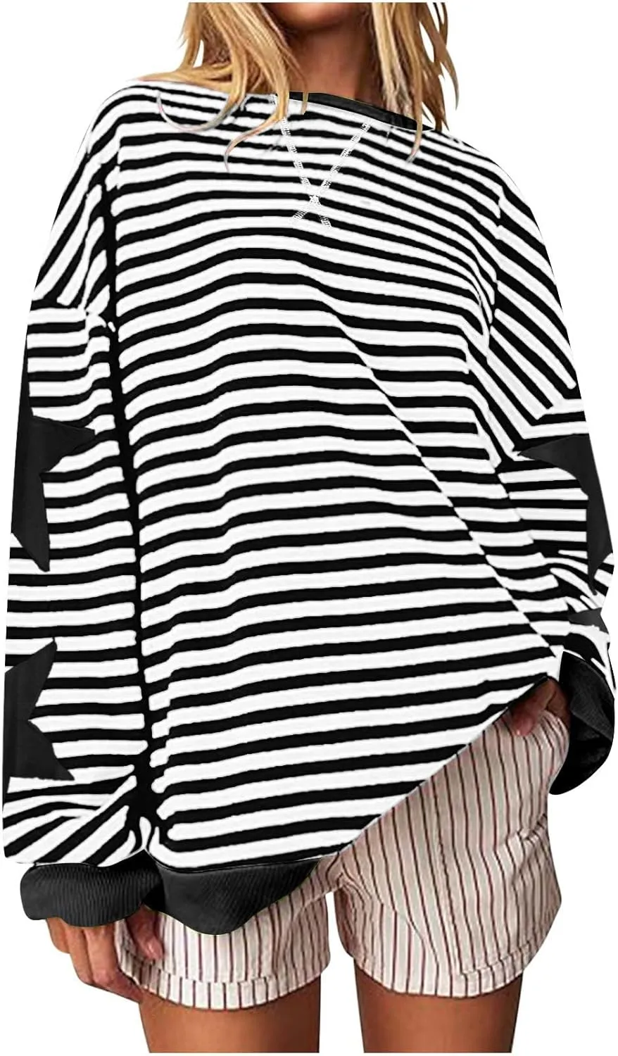 ZDRZK Striped Oversized Sweatshirt Women Long Sleeve Star Graphic Tee Shirts Crewneck 2024 Fall Loose Pullover Clothes