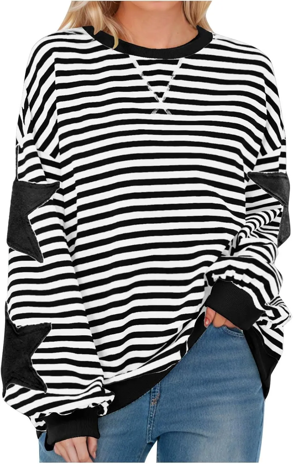 ZDRZK Striped Oversized Sweatshirt Women Long Sleeve Star Graphic Tee Shirts Crewneck 2024 Fall Loose Pullover Clothes