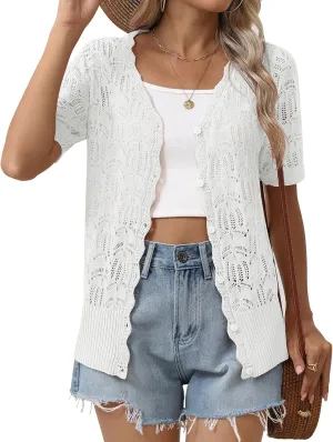 Zeagoo Women's Short Sleeve Summer Cardigan V-Neck Button up Lightweight Hollow Out Sweater Cardigans Shrug