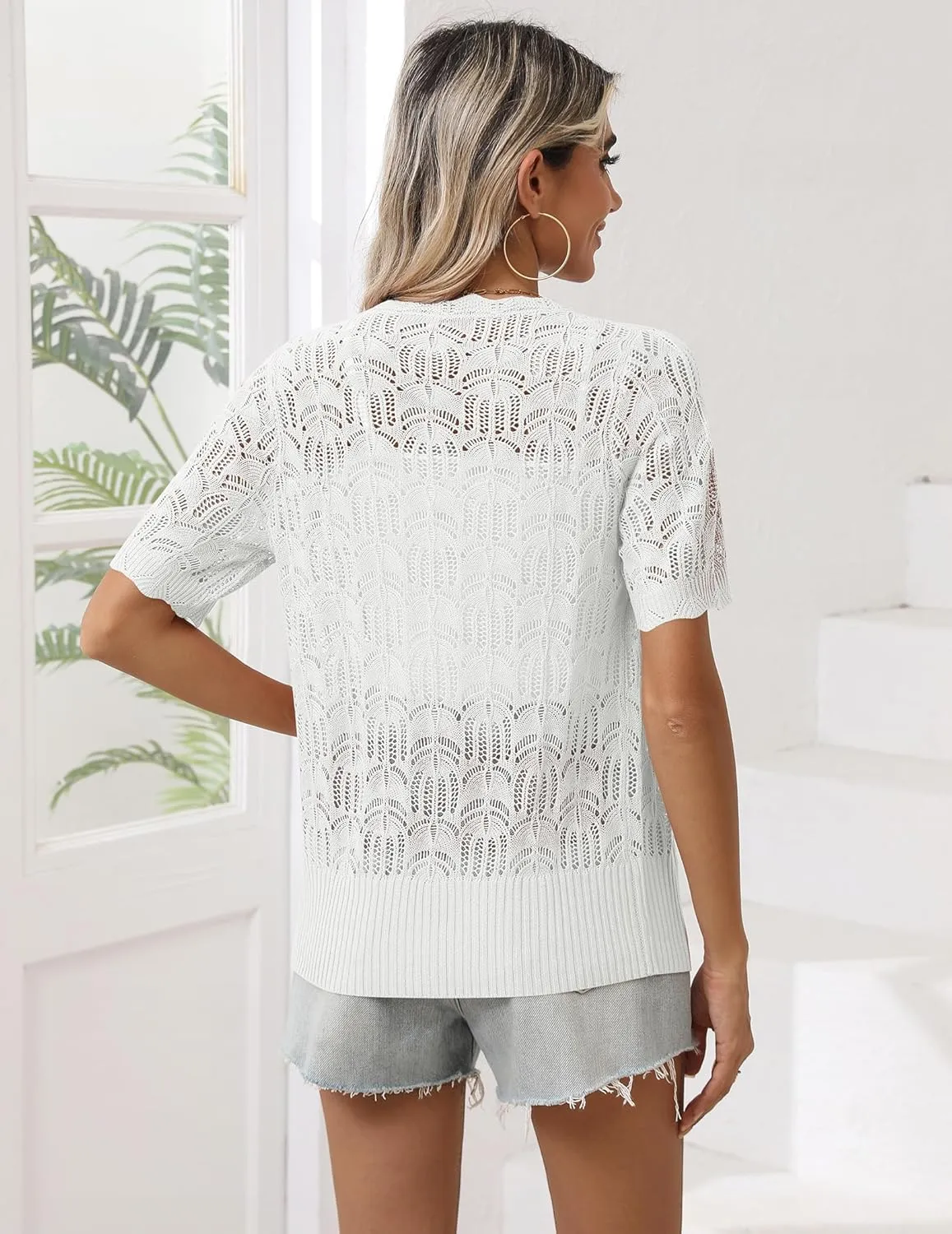 Zeagoo Women's Short Sleeve Summer Cardigan V-Neck Button up Lightweight Hollow Out Sweater Cardigans Shrug