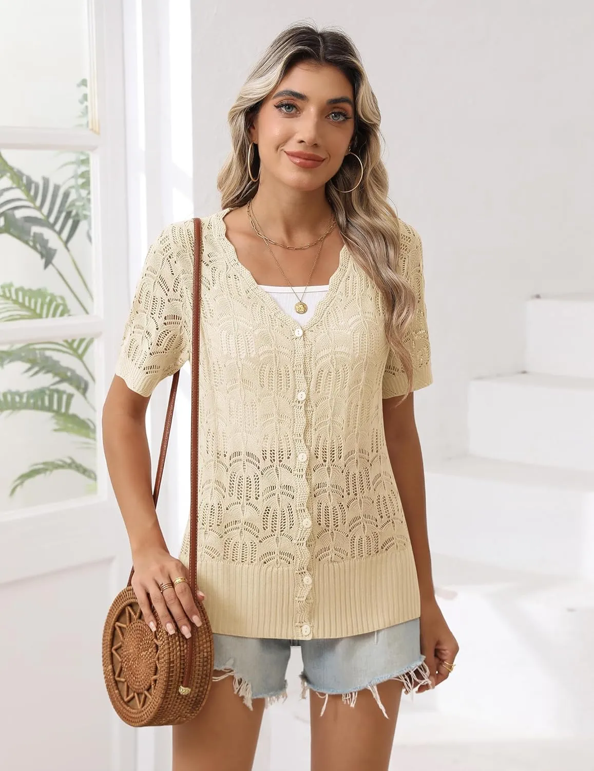 Zeagoo Women's Short Sleeve Summer Cardigan V-Neck Button up Lightweight Hollow Out Sweater Cardigans Shrug
