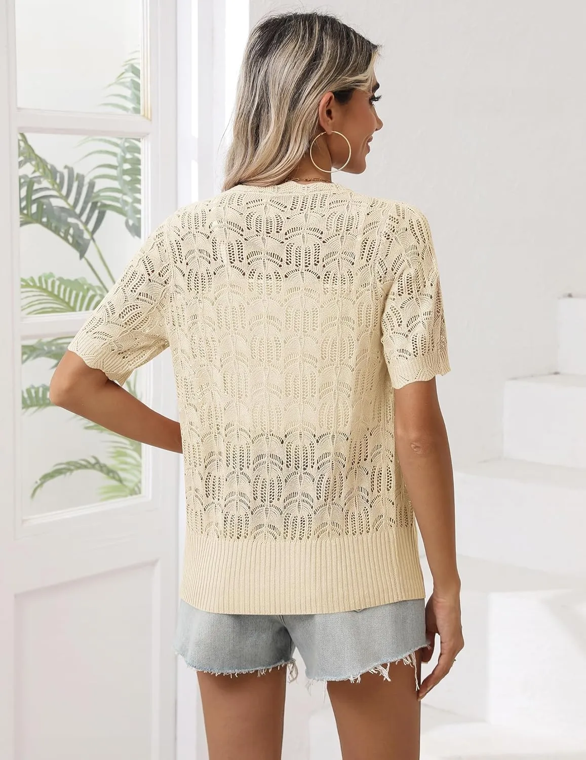Zeagoo Women's Short Sleeve Summer Cardigan V-Neck Button up Lightweight Hollow Out Sweater Cardigans Shrug
