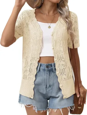 Zeagoo Women's Short Sleeve Summer Cardigan V-Neck Button up Lightweight Hollow Out Sweater Cardigans Shrug
