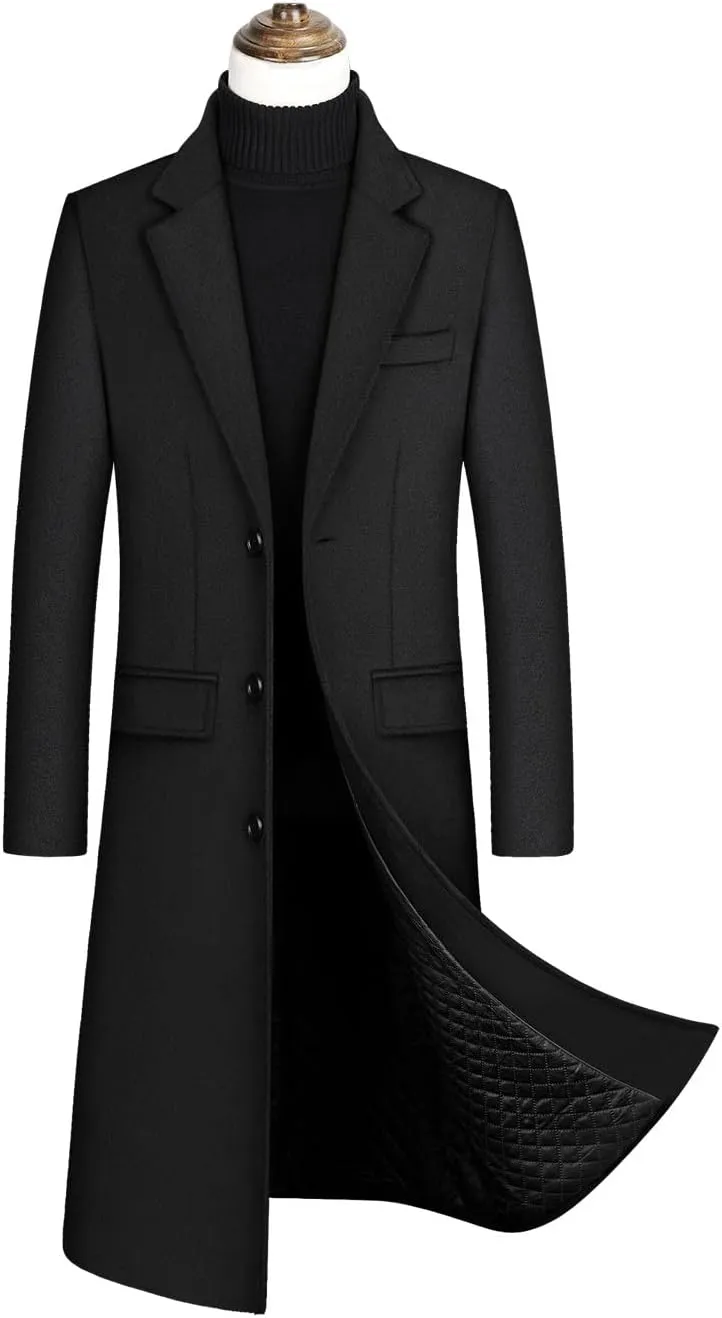 Zeiyignr Men's Classic Wool Trench Coat Single Breasted Mid Long Wool Blend Top Pea Coats Jackets Business Casual Overcoat