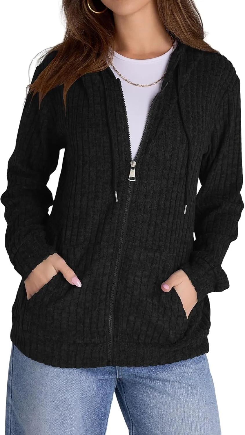 Zip Up Cardigan Sweaters for Women Winter Ribbed Knit Long Sleeve Hood Sweatshirt Jacket Casual Drawstring Jackets