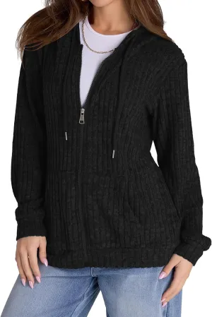 Zip Up Cardigan Sweaters for Women Winter Ribbed Knit Long Sleeve Hood Sweatshirt Jacket Casual Drawstring Jackets