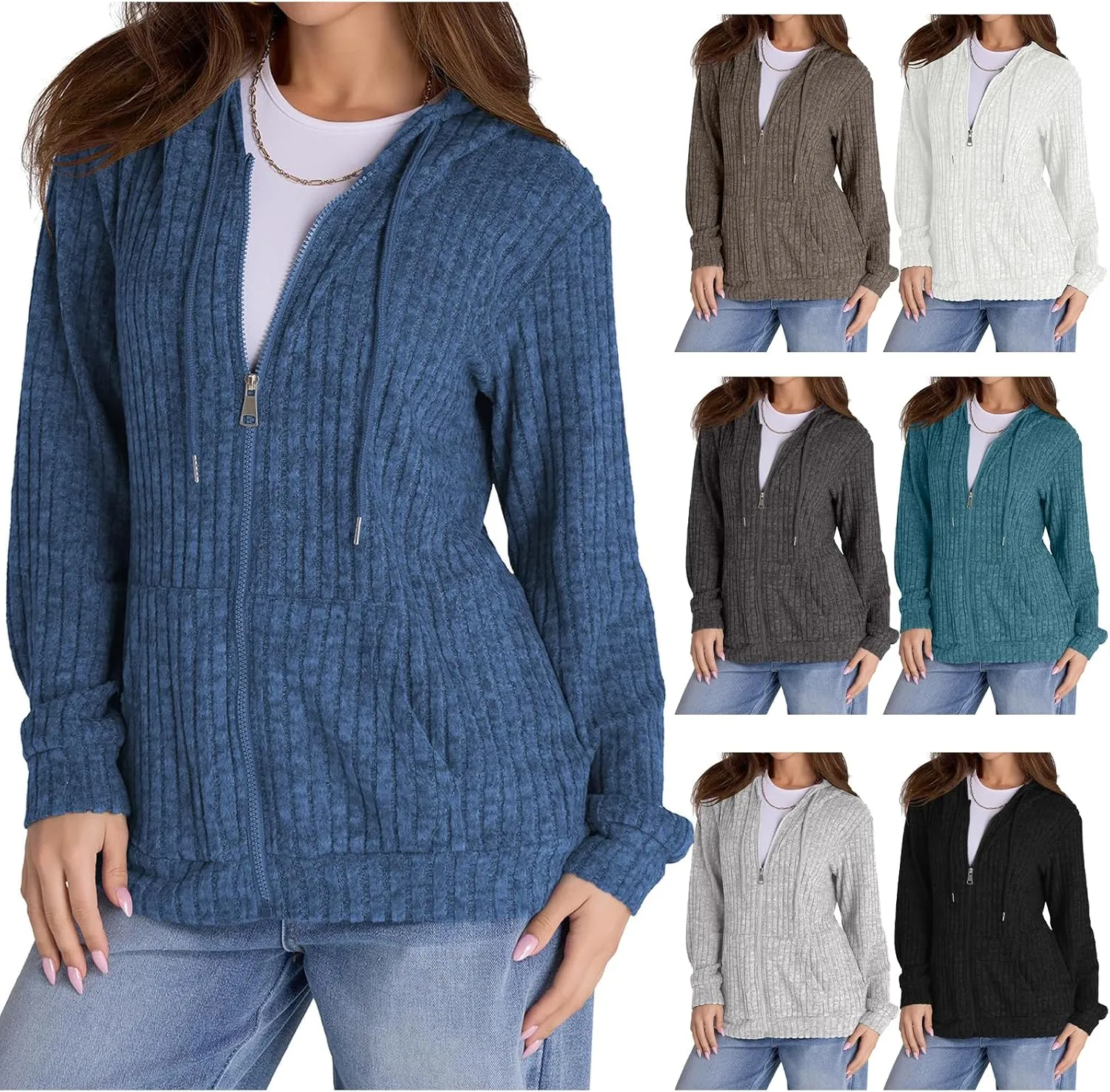 Zip Up Cardigan Sweaters for Women Winter Ribbed Knit Long Sleeve Hood Sweatshirt Jacket Casual Drawstring Jackets