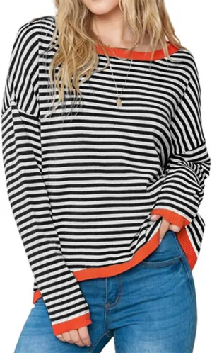ZOCANIA Black Striped Sweater Women Vintage Striped Crewneck Cable Knitted Sweaters for Women Casual Crewneck Long Sleeve Pullover Sweater Tops Black XX-Large