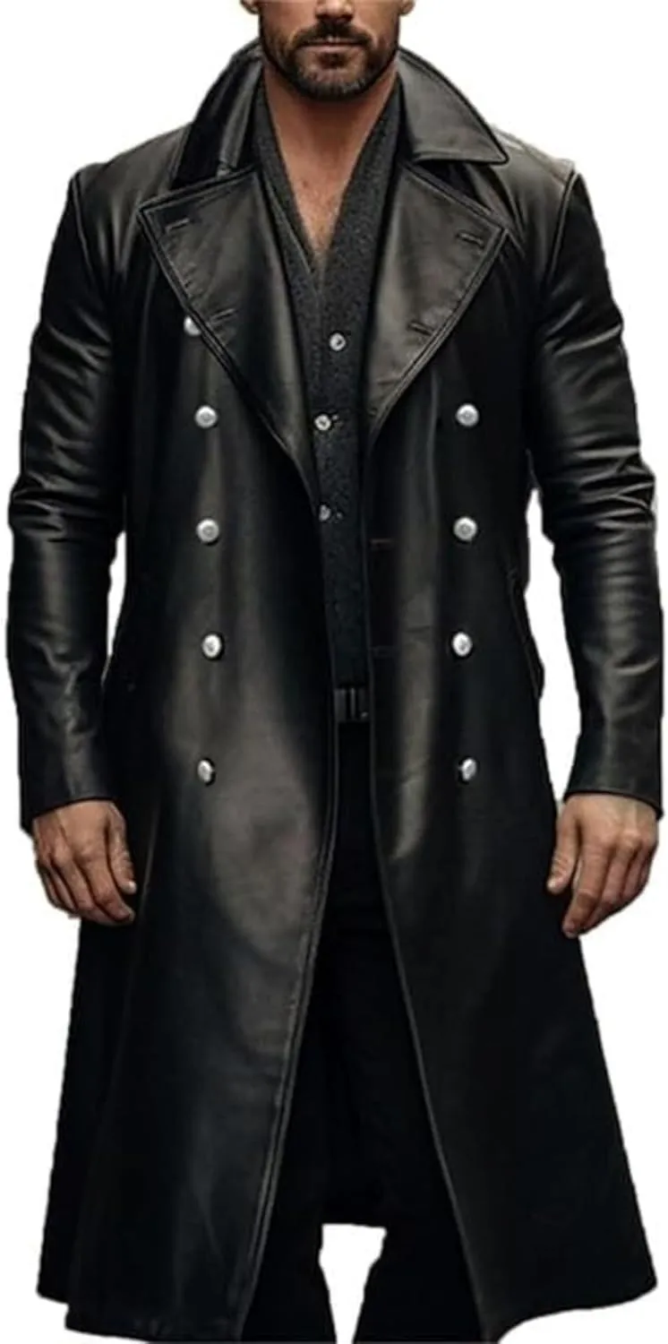 ZWRXW Leather Trench Coats for Men Double Breasted Notched Lapel Overcoats Vintage Slim Fit Long Sleeve Classic Jackets