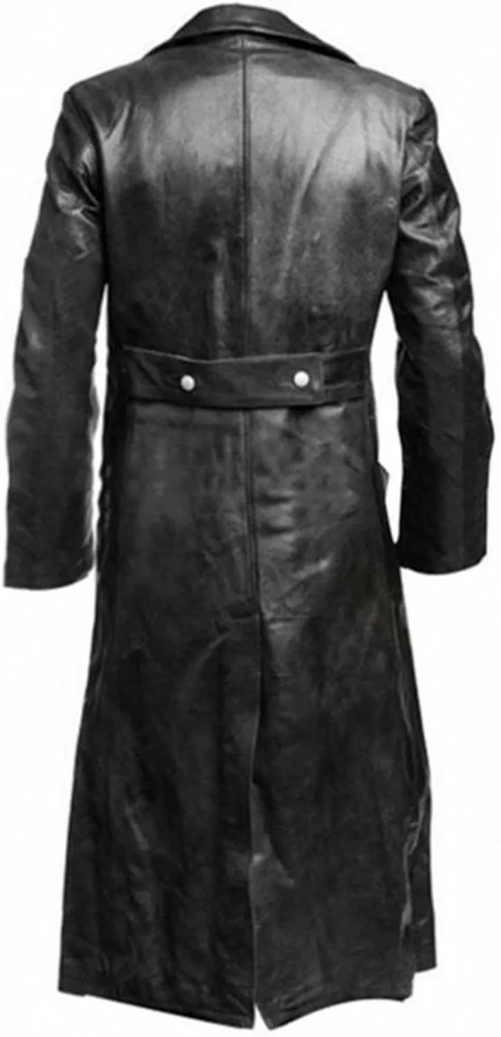 ZWRXW Leather Trench Coats for Men Double Breasted Notched Lapel Overcoats Vintage Slim Fit Long Sleeve Classic Jackets