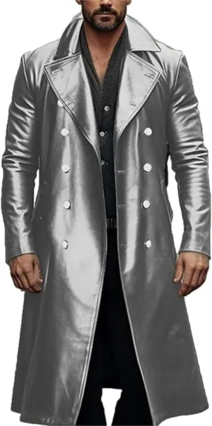 ZWRXW Leather Trench Coats for Men Double Breasted Notched Lapel Overcoats Vintage Slim Fit Long Sleeve Classic Jackets