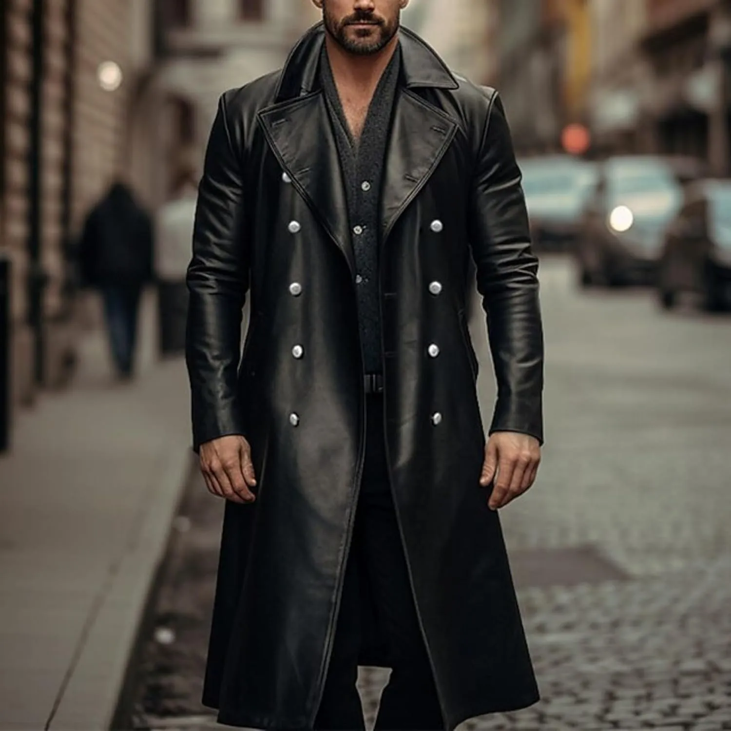 ZWRXW Leather Trench Coats for Men Double Breasted Notched Lapel Overcoats Vintage Slim Fit Long Sleeve Classic Jackets