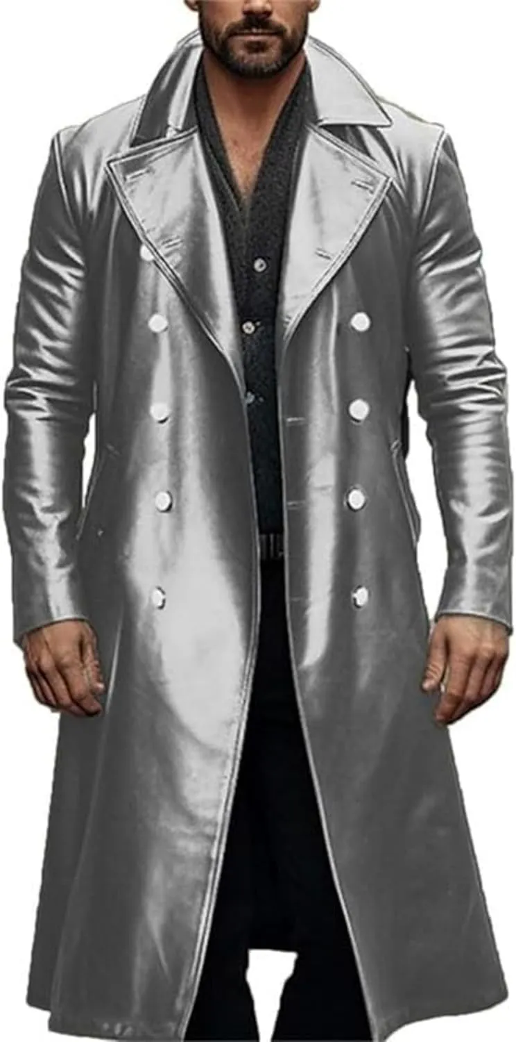 ZWRXW Leather Trench Coats for Men Double Breasted Notched Lapel Overcoats Vintage Slim Fit Long Sleeve Classic Jackets