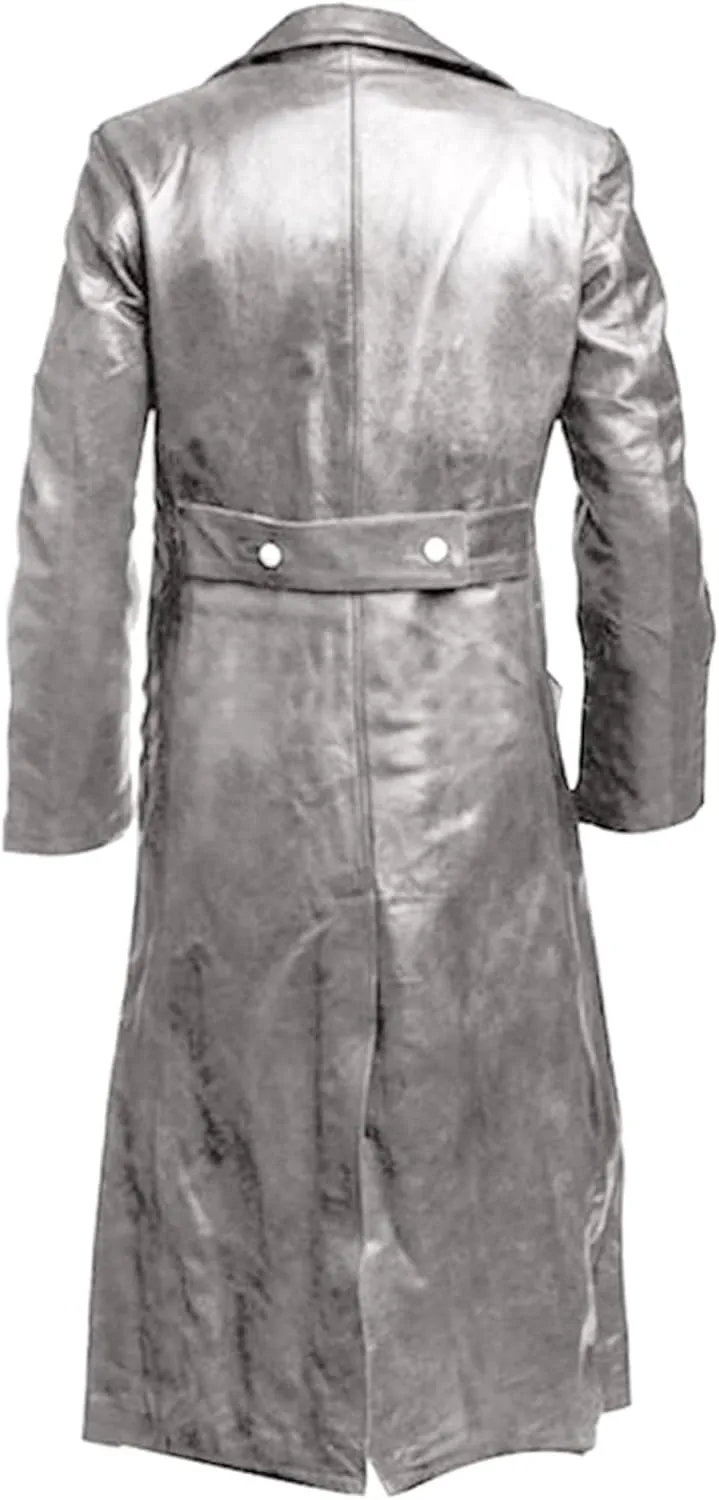 ZWRXW Leather Trench Coats for Men Double Breasted Notched Lapel Overcoats Vintage Slim Fit Long Sleeve Classic Jackets