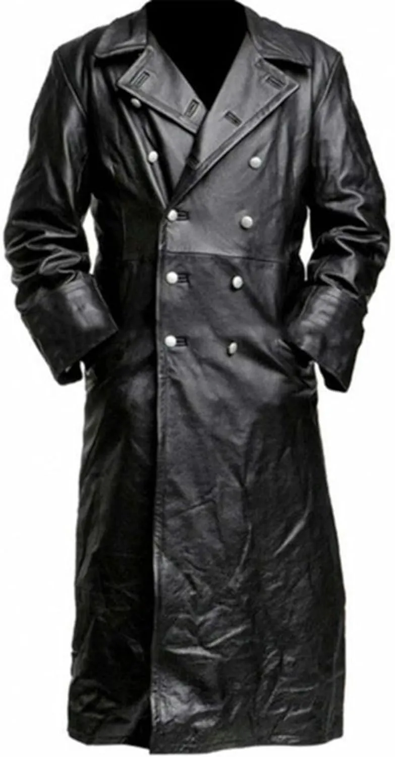 ZWRXW Leather Trench Coats for Men Double Breasted Notched Lapel Overcoats Vintage Slim Fit Long Sleeve Classic Jackets