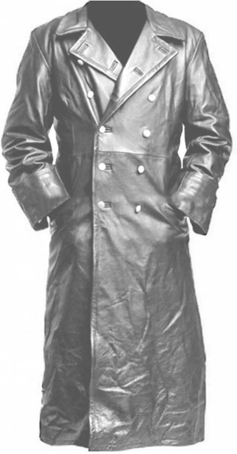ZWRXW Leather Trench Coats for Men Double Breasted Notched Lapel Overcoats Vintage Slim Fit Long Sleeve Classic Jackets