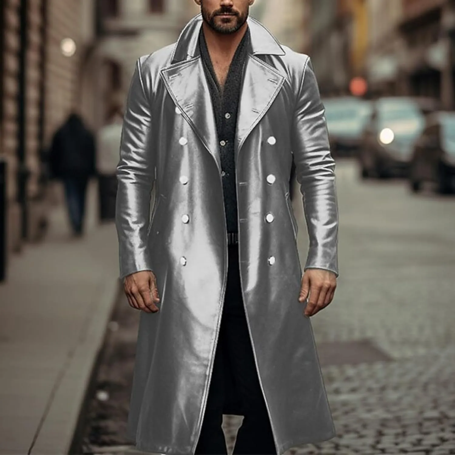 ZWRXW Leather Trench Coats for Men Double Breasted Notched Lapel Overcoats Vintage Slim Fit Long Sleeve Classic Jackets