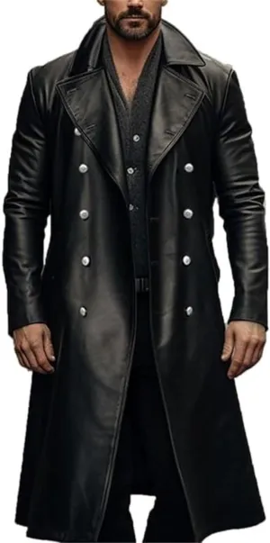 ZWRXW Leather Trench Coats for Men Double Breasted Notched Lapel Overcoats Vintage Slim Fit Long Sleeve Classic Jackets