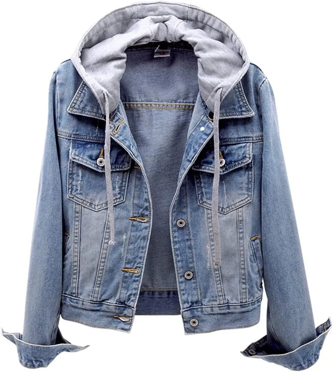 ZYXTIM Hoodies Jeans Jacket for Women,Classic Casual Detachable Hooded Distressed Denim Trucker Jacket